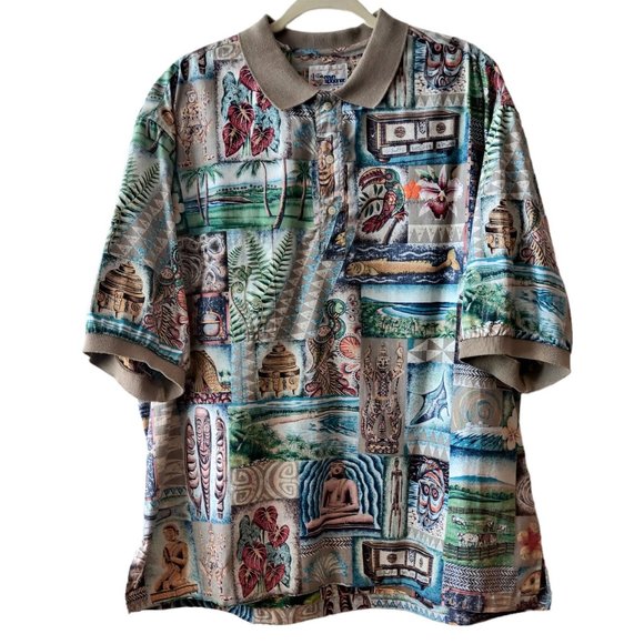 Reyn Spooner Mens Allover Aloha Mauna Kea Ribbed Collar Cuff Popover Shirt L - Picture 1 of 12